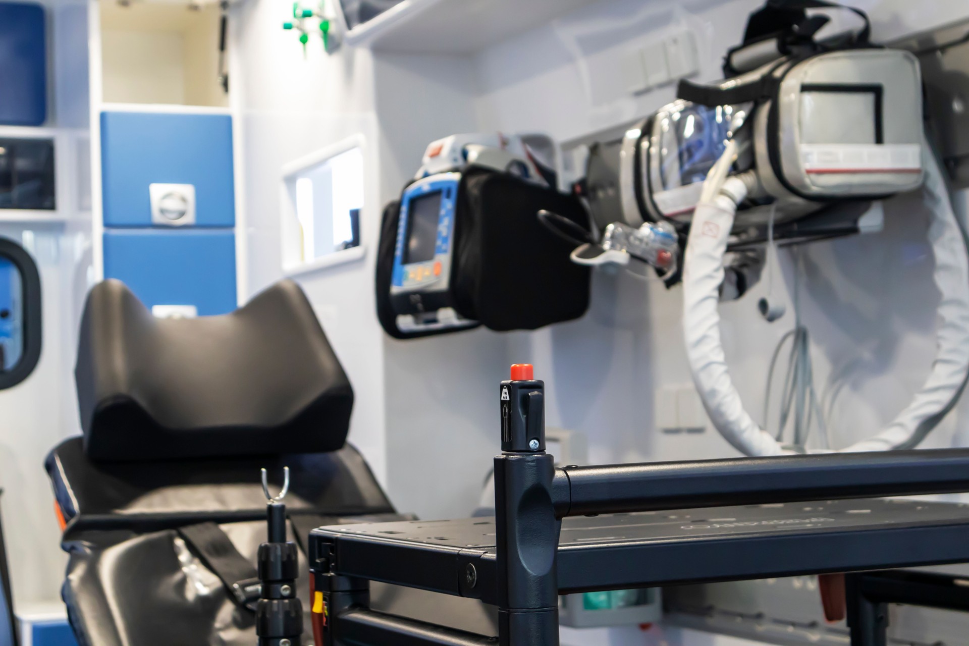 Ambulance, inside the ambulance there are medical life-saving equipment and equipment to help transport to the hospital.